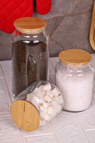 Zone - 3'lü Cam Saklama Kabı 600ml-800ml-1300ml Vakumlu Bambu Kapaklı Sku: Smgstk2819dbc246