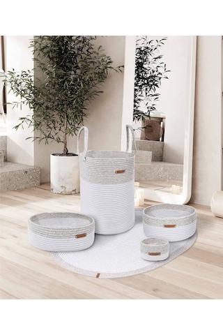 Koza Home Cesta El Yapımı Pamuklu Beyaz Gri Hasır Dekoratif Sepet 25x45 CM