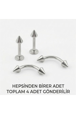 4'lü Kararmaz Cerrahi Çelik Koni Uçlu Piercing Seti Kaş Göbek Tragus Helix Dudak Rook Kıkırdak Küpe Gümüş