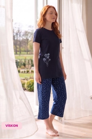 Guava Bie's Kadın Düğmesiz Bisiklet Yaka Yazlık Likra Viskon Esnek Kısa Kol Kapri Pijama Takımı lacivert