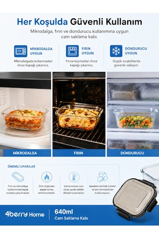 640 Ml Kilitli Cam Saklama Kabı İnoks Kapaklı Yemek Ve Kahvaltılık Kabı Şeffaf
