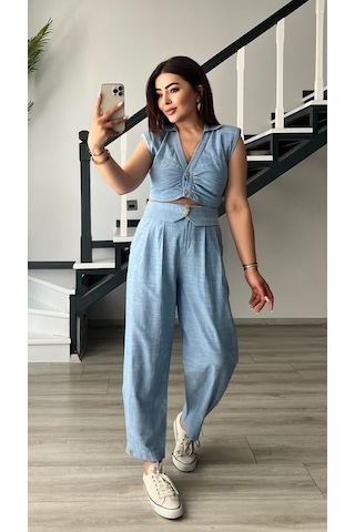 Bebe Mavi Omuz Vatka Detaylı Crop Bluz - Pantolon Takım Bebe Mavi