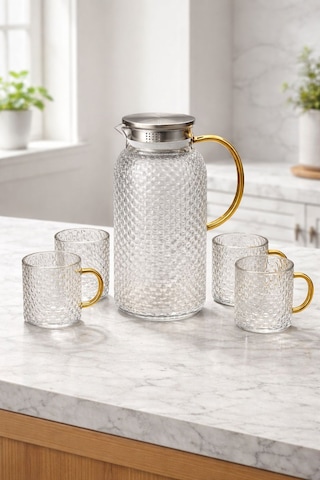 Morponi Borosilikat Cam Gold Saplı Buzlu 5 Parça Sürahi Takımı Royal 1800 Ml