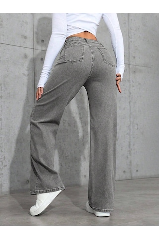 Füme Palazzo Pantolon Wide Leg Yüksek Bel Denim Jeans Füme