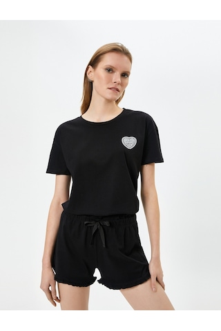 Koton Şortlu Pijama Takımı Kısa Kollu Baskılı Pamuklu Siyah 4slk40116mk 4SLK40116MK999 Siyah