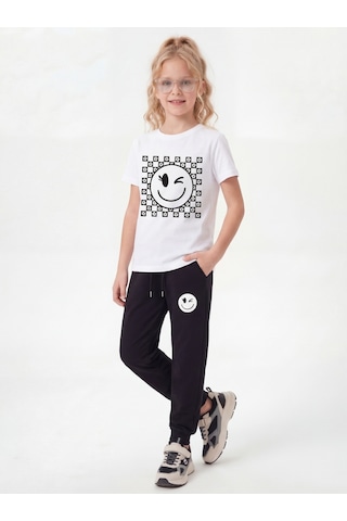 Fyk Kids Yuvarlak Yaka Tişörtlü Uzun Eşofman Altlı Baskı Detaylı Kız Çocuk Alt Üst Takım Beyaz
