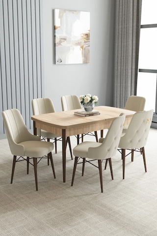 Zümra Serisi, Meşe Desen 80x132 Açılabilir Mdf Mutfak Masası Takımı 6 Adet Sandalye, Krem