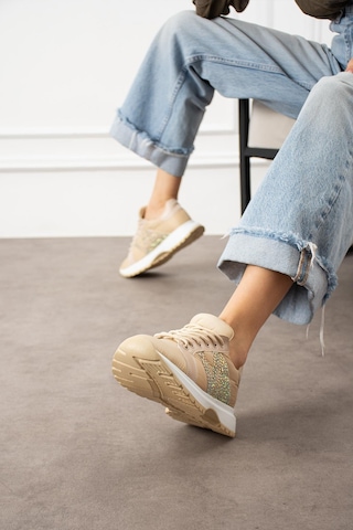 Shoetek Beatriz Kadın Sneakers Yandan Taşlı Bağcıklı Spor Ayakkabı Bej Bej