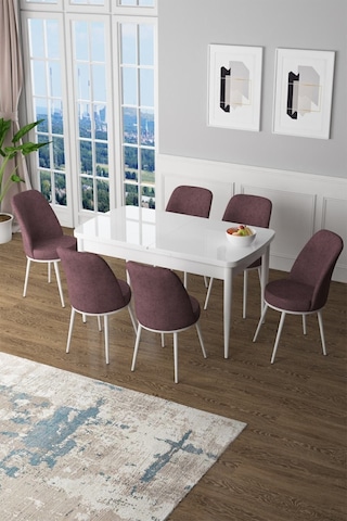 Canisa Concept Zen Serisi 80x132 Mdf Açılabilir Beyaz Masa Takımı Ve 6 Gül Kurusu Sandalye Gülkurusu Sandalyeler Beyaz Masa
