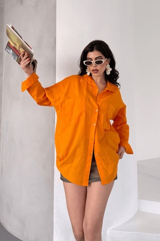 Paw Garage Kadın Harper Çift Cepli Oversize Keten Gömlek, 2025 Summer Collection Turuncu