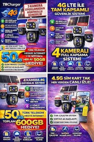 S446g 4 Kameralı 12mp 4g Solar Ptz Güvenlik Kamerası 3 Motorlu Si