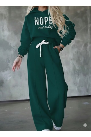 Tua Moda Kadın Uzun Kollu Nope Baskılı Beli Ribanalı Ikili Takım Yeşil