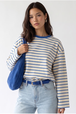 Mixray 2236 Çizgili Bisiklet Yaka Uzun Kol Oversize Sweatshirt Mavi