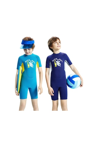 Dıve & Saıl 2.5mm Kısa Kollu Tek Parça Sıcak Çocuklar Wetsuit Şnorkel Soğuğa Dayanıklı Mayo Lacivert