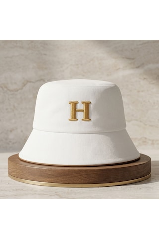 Bk Gift Kişiye Özel Harf Nakışlı Unisex Bucket Şapka Beyaz Pamuk Gabardin Kumaş Yazlık Şapka