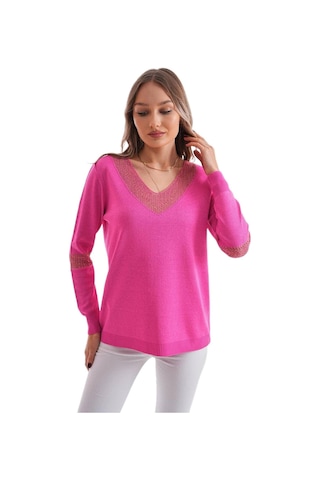 Kadın V Yaka Simli Kol Detaylı Kazak 12787 Bgl-st04108 Fuşya