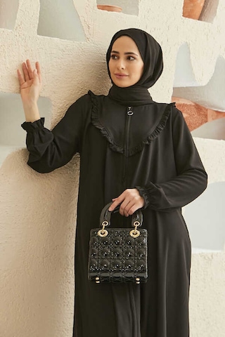 Neways 6619-fırfırlı Ferace Siyah Siyah
