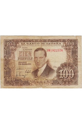 İspanya 100 Peseta 1953 Üst Kenarda 2 Cm Yırtık Haliyle.