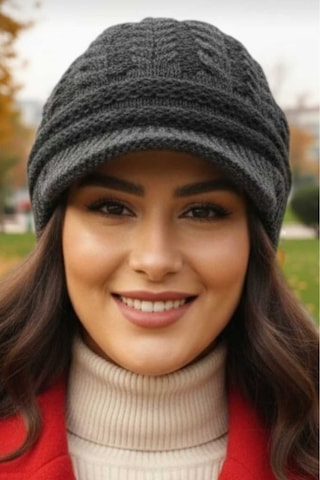 Tezzgelsin Kadın Çift Kat Siperli Triko Örme Bere Triko Bere Antrasit