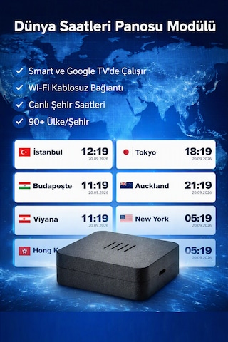 Dünya Saatleri Panosu Modülü Smart Tv Uyumlu Wi-fi Kablosuz 90+ Ülke