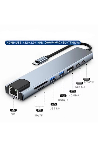 Apple Uyumlu MacBook Dönüştürücü Çoğaltıcı 8 İn 1 Type-c Hub - Hdmı - Usb 3.0 - Ethernet - Sd Tf Kart Okuyucu