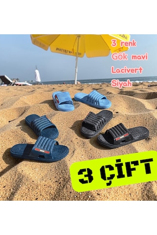 Gezer 3 Renk Kaymaz Tabanlı Set.. Deniz, Plaj, Banyo, Havuz, Wc Kaydırmaz Günlük Erkek Terlik Seti 3 Renk- Gök Mavi- Lacivert- Siyah