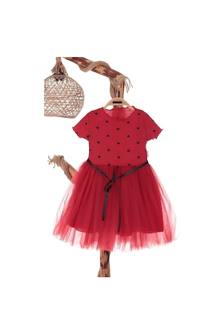 Kalp Baskılı 2-7 Yaş Arası Kırmızı Kız Çocuk Tüllü Elbise Doğum Günü Özel Gün Ve Geceler İçin Kırmızı