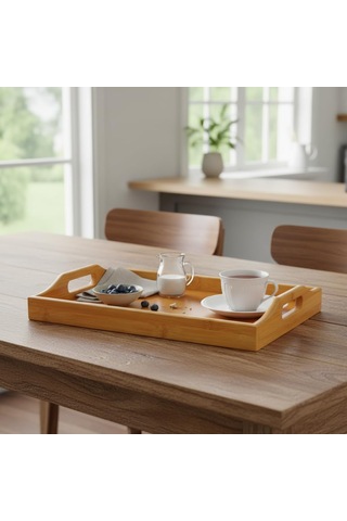 Lexroo Bambu Dikdörtgen Sunum Tepsi 33x22x5 Cm, Sofra Tepsisi, Çay Tesisi, Bambu Daire Tepsi
