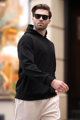 Madmext Siyah Kapüşonlu Cep Detaylı Dokulu Sweatshirt E7101 Siyah