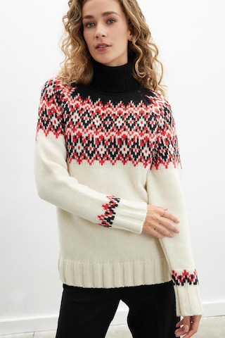 Styleboom X Peraluna Cotswald Faır Isle Pullover Balıkçı Yaka Baklava Desen Kazak Kadın Triko Kazak - Ekru Multi-ekru Ekru