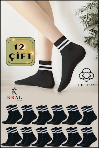 Kral Socks Erkek Kadın 12 Çift Çizgili Kolej Tenis Çorabı Pamuklu Terletmez Çorap Siyah
