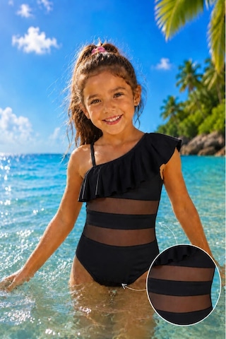 My Kids Wear Kız Çocuk Fırfır Ve Tül Detaylı Tek Parça Mayo. 12837 Siyah