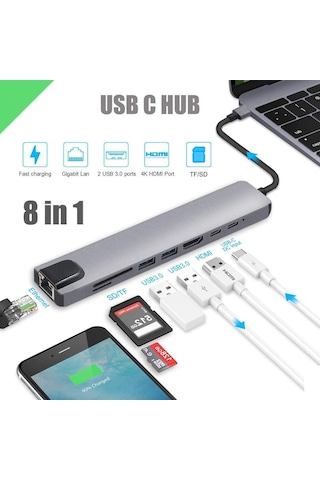Apple Uyumlu MacBook Pro Air 8In1 Samsung Huawei Xiaomi Type-C Çoğaltıcı Hub