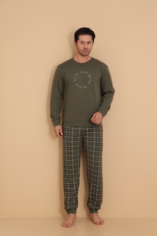 Falkom 7003 İnterlok Kışlık Ekose Pijamalı Erkek Pijama Takımı Haki