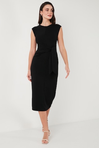 Lela Slim Fit Bisiklet Yaka Bağlama Detaylı Midi Bayan Elbise 5866164 Siyah