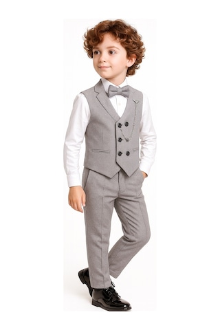 Ahengim Erkek Çocuk Modern Kesim Papyonlu Yelekli 3 Lü Set Takım Elbise Ak5350 Gri