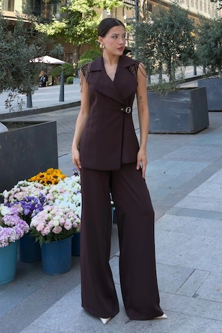 Omuz İşleme Detaylı Asimetrik Abiye Takım 2389-kahverengi Kahverengi