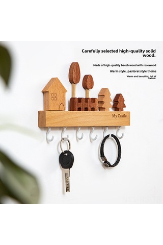 Reedark Ahşap Anahtar Tutucu Duvar Tipi, Giriş Kapısı Organizer, Delme Yok Kurulum, 6 Tane Halka, Modern Kuzey Avrupa Stili, Bej Renk