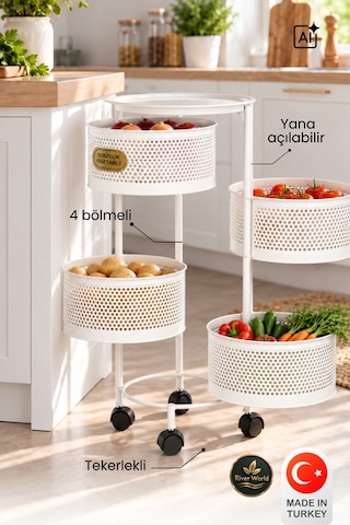 River World Tekerlekli Rengi Beyaz Açılabilen 4 Katlı Çok Amaçlı Metal Raf Mutfak, Balkon, Kiler Çok Renkli
