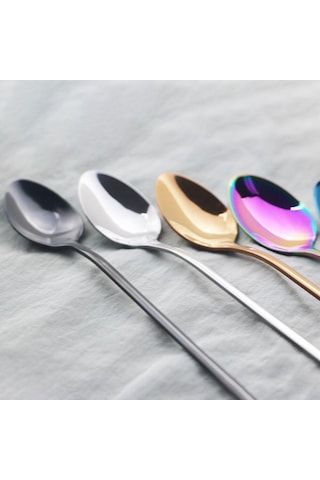 6 Adet Altın Çatal Bıçak Kaşık Seti Paslanmaz Çelik Uzun Saplı Kaşık Gümüş Tatlı Dondurma Kahve Kaşığı Karıştırma Çay Kaşığı Yemek Takımı Altın