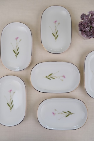 Tabak Evi Porselen Natura Çuha Altın Yaldızlı Oval Kayık Tabak 22,50x14,50x2,50cm 6 Lı Çok Renkli