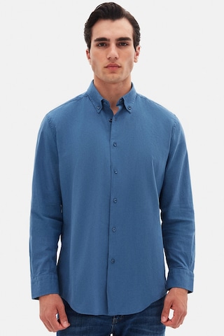 D'S Damat Ds Damat Comfort İndigo Düğmeli Yaka Rahat Kesim Keten Görünümlü %100 Pamuk Gömlek 2hc02ort64265 İndigo