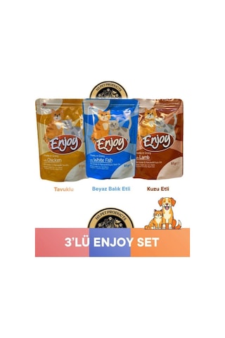 Enjoy Pouch Sos İçinde Et Parçacıklı Kuzu Etli/ Tavuklu/ Beyaz Balıklı Yaş Kedi Maması 3x85 Gr