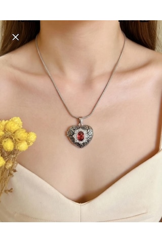Kapaklı Osmanlı Motif Kalp Kolye Fotoğraf Konulabilir Kırmızı Taşlı Vintage Altın Renk Kadın Kolye Gümüş