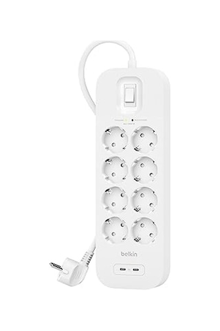 Belkin 8'li Çoklu Priz, Yüksek Gerilim Korumalı, Duvara Montaj, 8 Priz, 2 M Güç Kablosu, Yeşil Işıklı Gösterge, Hızlı Şarj İçin Usb-c Pd Li 2 Usb C Bağlantısı, 900 Jul Koruma