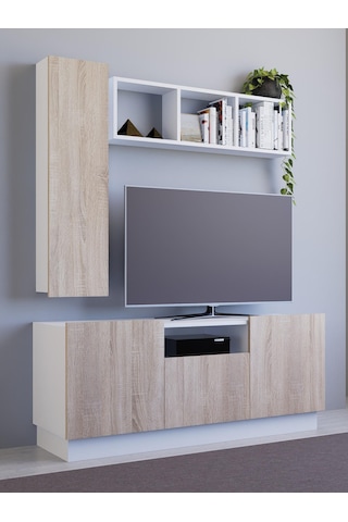 Detamob Lora Tv Ünitesi, Tv Sehpası Açık Raf Ve Dolabı, Beyaz/sonoma & Karbon Gri/sonoma Beyaz