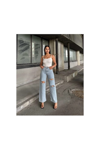 Kene Jeans Çift Diz Lazer Yırtık Buz Kar Bol Paça Jeans Buz Kar