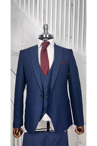 Dupont Classics Dupont Erkek Slim Fit Yelekli Takım Elbise 6 Drop Çift Yırtmaç Lacivert