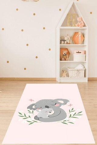 Pelangi Koala Ve Yavru Koala Hayvan Desenli Yıkanabilir Kaymaz Taban Leke Tutmaz Çocuk Odası Halısı, Pembe-gri 180 Çok Renkli