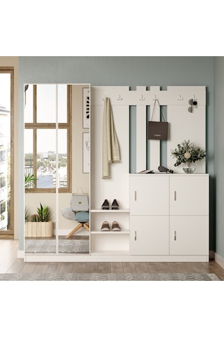 Robin Home Nova Aynalı Vestiyer Portmanto Ayakkabılık Beyaz